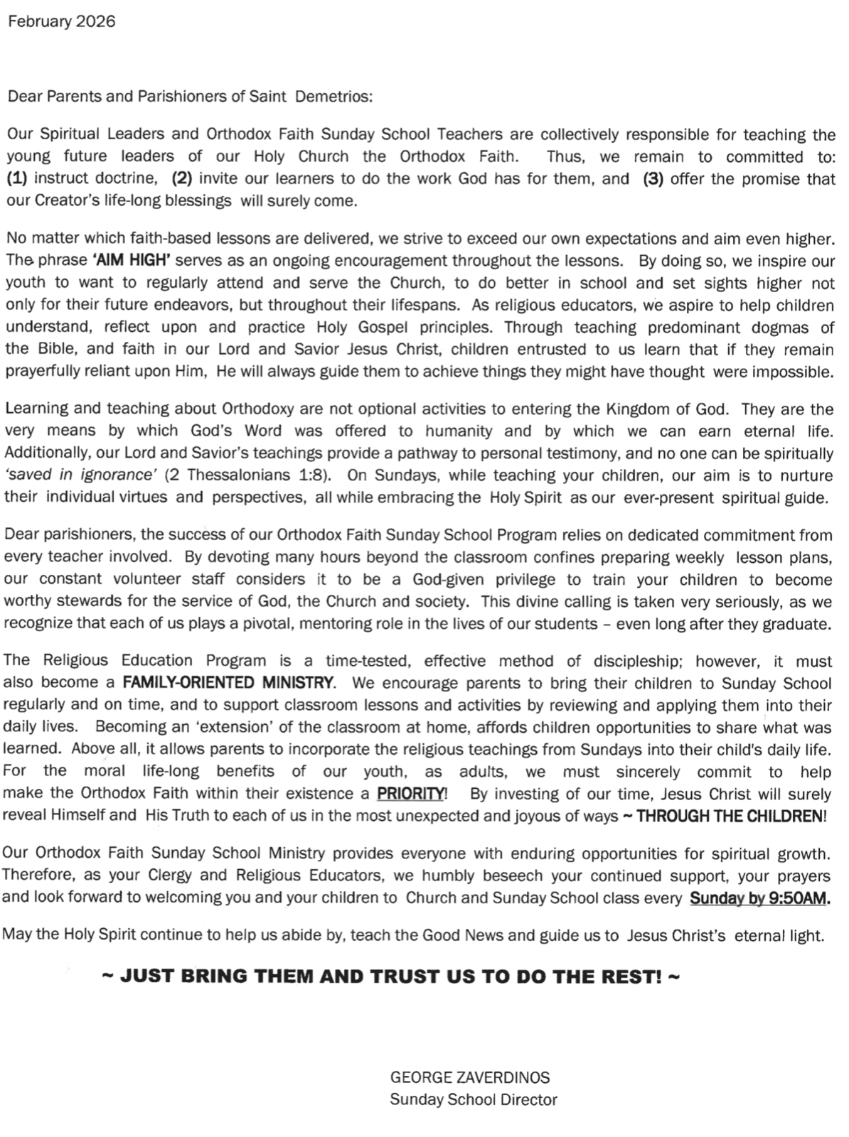 Church School director welcome statement